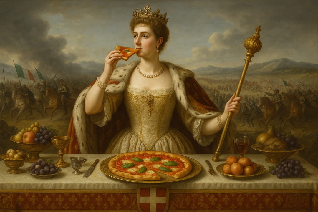 ملکه مارگاریتا در حال خوردن پیتزا مارگاریتا